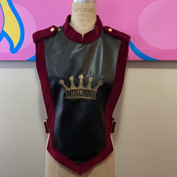 Moschino Cheap Chic Black Faux Leather Velvet Trim Vest - Picture 2 of 10